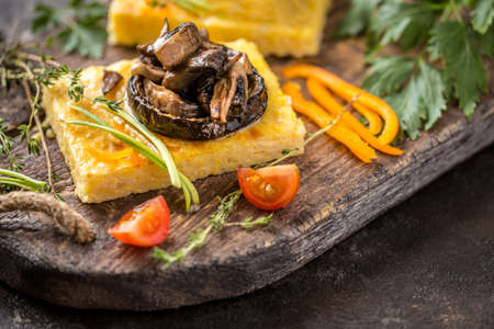 corn polenta with roasted mushrooms and eggplant, traditional Italian food with vegetables and thymeの写真素材