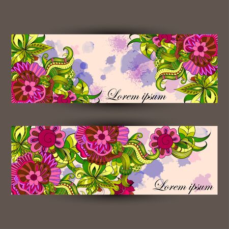 Vector horizontal invitation card with filigree hand-drawing pattern and watercolor background for designのイラスト素材