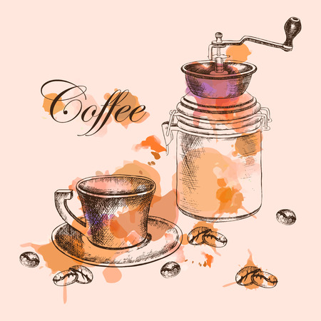 background with  sketch coffe set with watercolor stains for designのイラスト素材