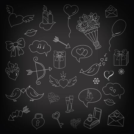 Vector set of love doodles objects and elements, symbols on blackboard backgroundのイラスト素材