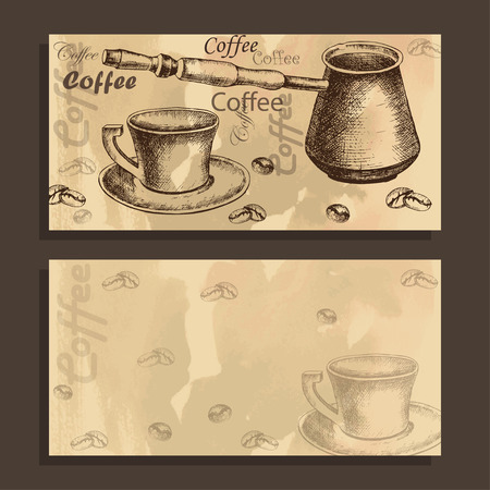 Vector horizontal card, menu with sketch of coffee set on old paper background for designのイラスト素材