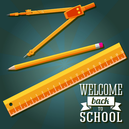 Welcome back to school greeting with ruler, pencil and compass  Vectorのイラスト素材