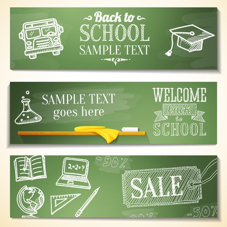 Welcome back to school messages on the chalkboard  Drawings - globe, notebook, book, graduation cap, bus, science bulb  Vectorのイラスト素材