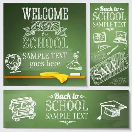 Welcome back to school messages on the chalkboard  Drawings - globe, notebook, book, graduation cap, bus, science bulb  Vectorのイラスト素材