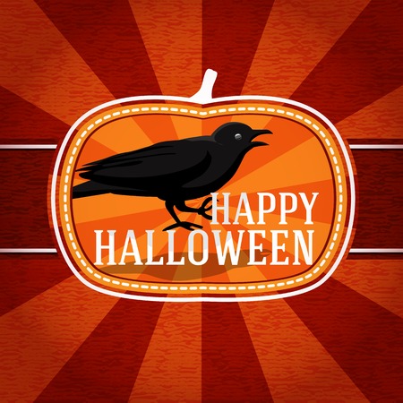 Pumpkin shape retro stylized badge, with black scary raven and happy halloween greeting. Vectorのイラスト素材