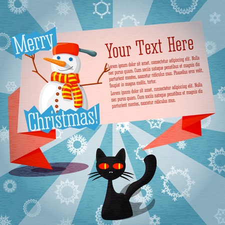 Merry Christmas cute retro banner on the craft paper texture with cat, snowman, greeting and place for your text.のイラスト素材