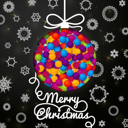 Merry Christmas handwritten swirl lettering greeting card on black paper with snowflakes, and christmas ball.のイラスト素材