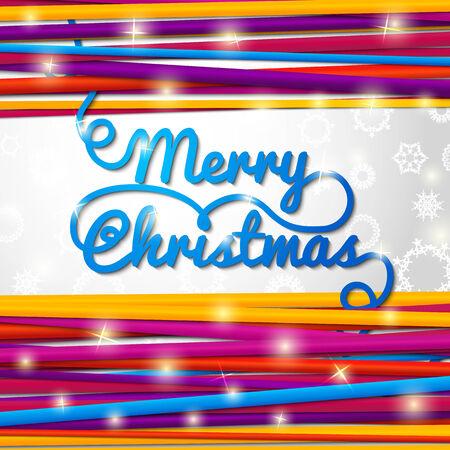 Merry Christmas handwritten blue swirl lettering on greeting card made from bundle of bright laces, paper with snowflakes.のイラスト素材