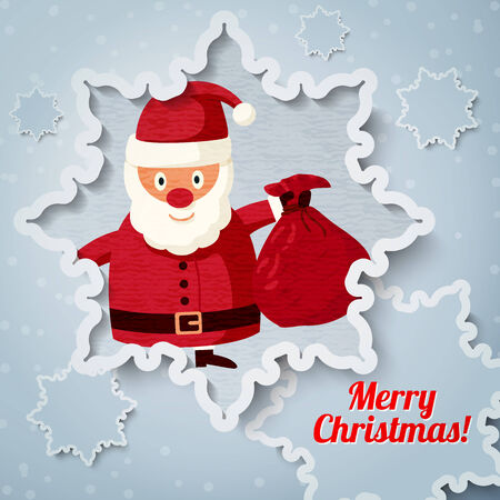 Merry Christmas greeting card with place for your text. Santa Claus and sack of presents. Vector.のイラスト素材