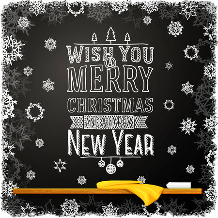 Wish you a merry christmas and happy new year message, written on the school chalkboard.のイラスト素材