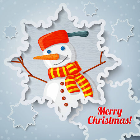 Merry christmas and new year greeting card with paper cut out snowflake, and picture of new year snowman with scarf on it.のイラスト素材