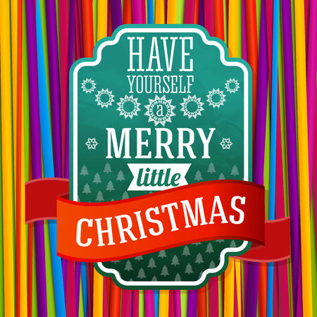 Vintage stylized green Merry Christmas label, with texture and ribbon with xmas trees. On the bright background with colorful laces. Vector.のイラスト素材