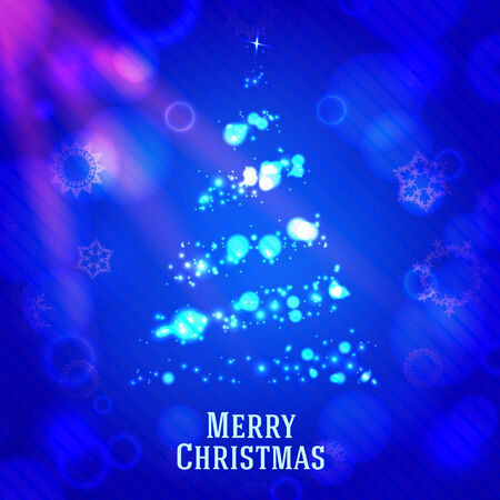 Merry christmas tree made from shining bokeh, on blue night background with snowflakes.のイラスト素材