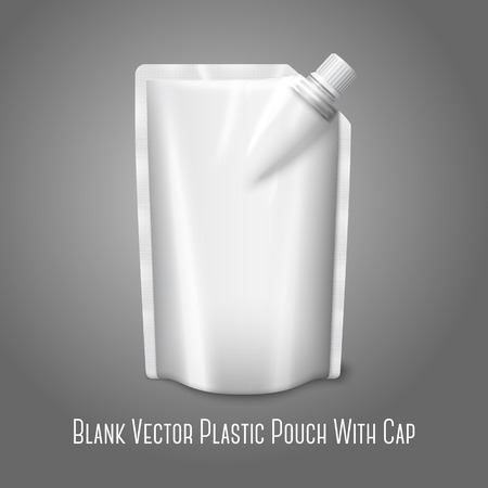 Blank white realistic plastic pouch with cap, isolated on grey background. Vectorのイラスト素材