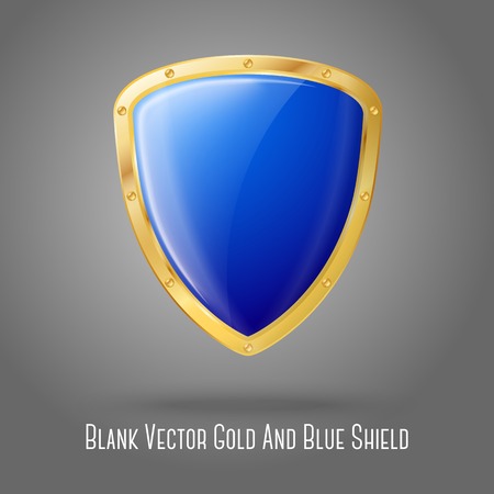 Blank blue realistic glossy shield with golden border isolated on grey background. Vectorのイラスト素材