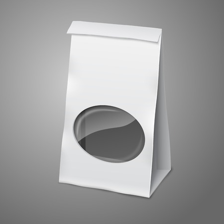 Blank white vector realistic paper packaging bag with transparent window, place for your design and branding.のイラスト素材