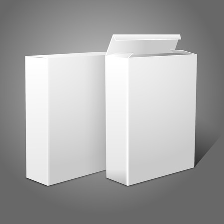 Two realistic white blank paper packages for cornflakes, muesli, cereals etc. Isolated on grey background. Vectorのイラスト素材
