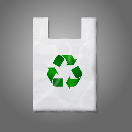 Blank white plastic bag with green recycling sign, isolated on greyのイラスト素材