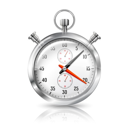 Silver bright stopwatch clock with reflection, isolated on white backgroundのイラスト素材
