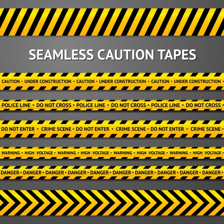 Set of black and yellow seamless caution tapes with different signs. Police line, crime scene, high voltage, do not cross, under construction etc.のイラスト素材