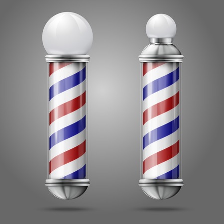 Two different old fashioned vintage silver glass barber shop poles with red, blue and white stripes.のイラスト素材