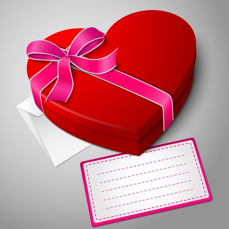 Realistic blank bright red heart shape box with ribbon, envelope and message card.のイラスト素材