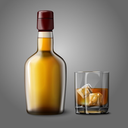 Blank realistic bottle with glass of whiskey and ice, isolated.のイラスト素材