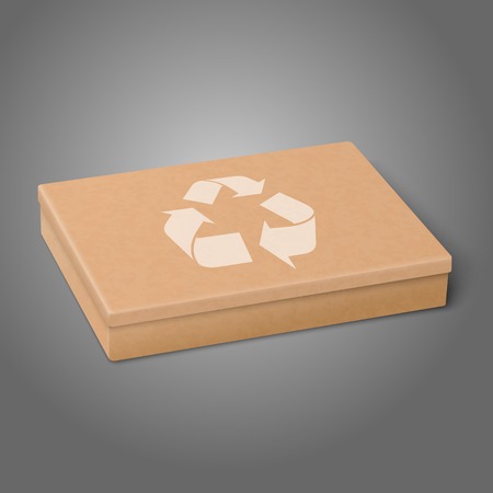 Vector realistic craft flat package box with recycling sign lying isolated on grey background. For design and branding.のイラスト素材