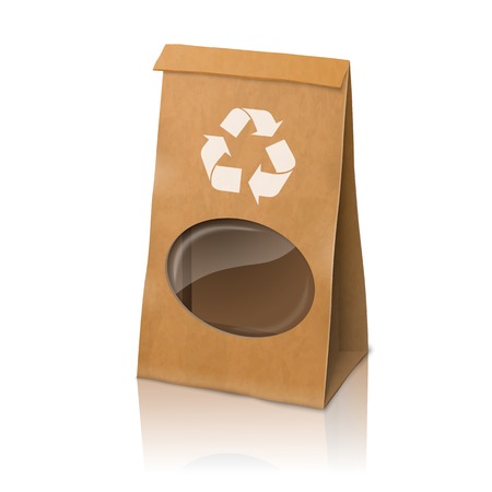 Blank craft vector realistic paper packaging bag with recycle sign and transparent windowのイラスト素材