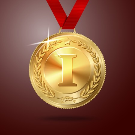 Vector Golden first place medal with red ribbon.のイラスト素材