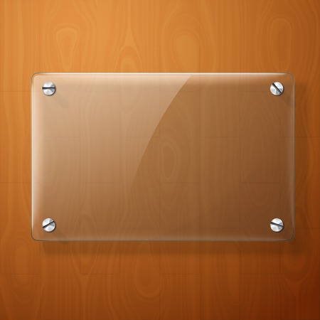 Vector glass plate for your signs, on wooden background.のイラスト素材