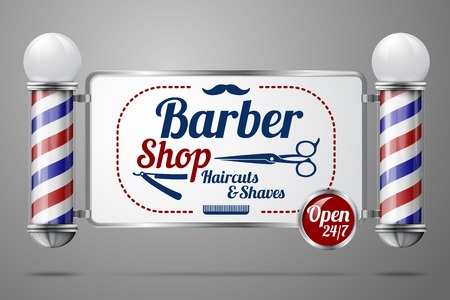 Two old fashioned vintage silver and glass barber shop poles holding Barber Sign.のイラスト素材