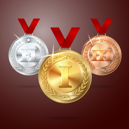 Vector Golden, Silver and Bronze medal set with red ribbons. vectorのイラスト素材