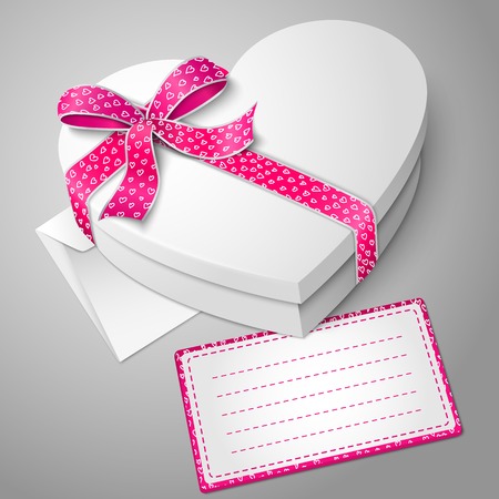 Vector realistic blank white heart shape box with envelope and message card for your text.のイラスト素材