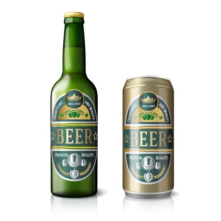 Green beer bottle and golden can, with labels.のイラスト素材