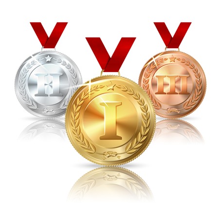 Vector Golden, Silver and Bronze medal with red ribbons.のイラスト素材