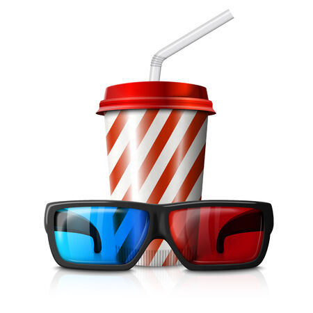Cinema illustration - 3d glasses and red striped cola cup. Vectorのイラスト素材