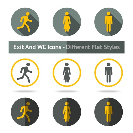 Exit and WC icons set. In different flat styles.のイラスト素材