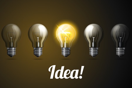 Row of vector realistic light bulbs, with one bright glowing.のイラスト素材