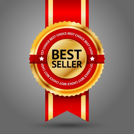 Premium golden and red Best Seller label with -Best choice- text around it. Isolated on white background.のイラスト素材