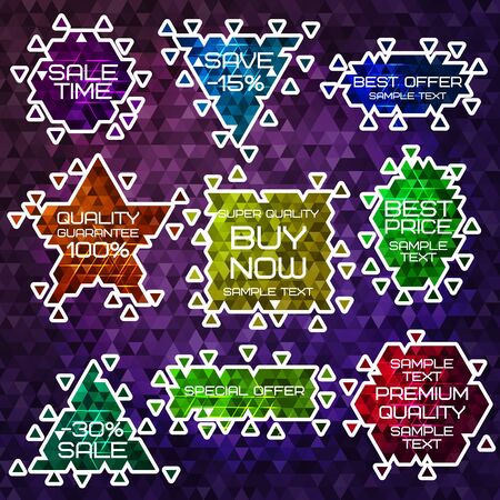 Bright different shape sale stickers with triangle lighting inside and place for your text.  Vector.のイラスト素材