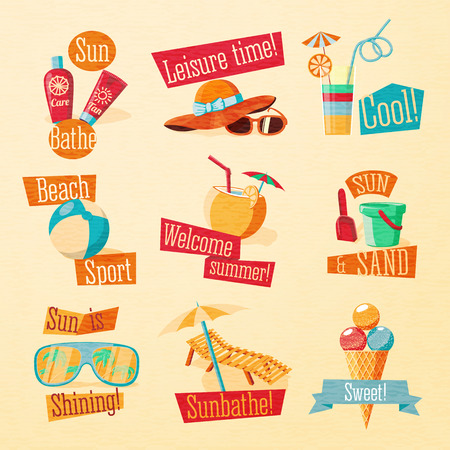 Set of cute bright summer icons with typographic elements. Vector.のイラスト素材