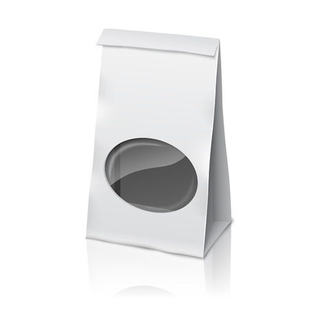 Blank white vector realistic paper packaging bag with transparent window, and place for your design, branding.のイラスト素材