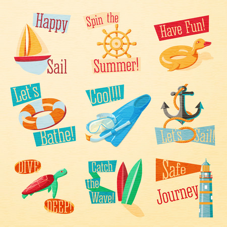 Set of cute bright summer icons with typographic elements. Yacht, wheel, rubber duck, lifebuoy, flippers, anchor, beacon, surf, turtle, swimming mask.のイラスト素材