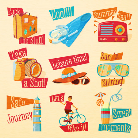 Set of cute bright summer icons with typographic elements. Suitcase, flippers, swimming mask, radio, photo camera, hat, sunglasses, beacon, bike, cocktail . Vector.のイラスト素材