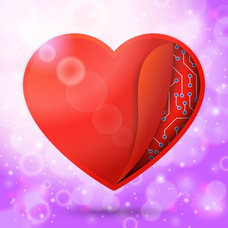 Red heart in the bright lovely air, with sun beams and bokeh. With clockwork or microchips undercover. for Valentines Day, Wedding, etc. Clockwork love. Vectorのイラスト素材