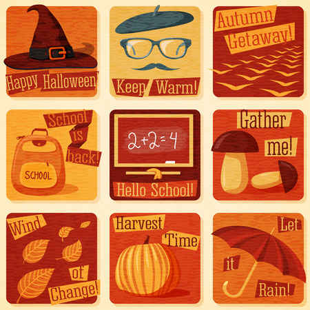 Collection of cute retro stylized autumn illustrations with signs of fall, and all it symbols. Vector illustrationのイラスト素材