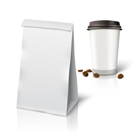 Blank white vector realistic paper packaging bag and paper coffee cup -Coffee to go- with coffee beans, with place for your design and branding. Isolated on white background with reflection.のイラスト素材