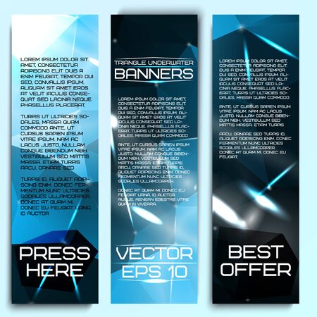 Set of beautiful abstract triangle based banners, with underwater sense, ocean feelings. With place for your text and offers. Vector.のイラスト素材