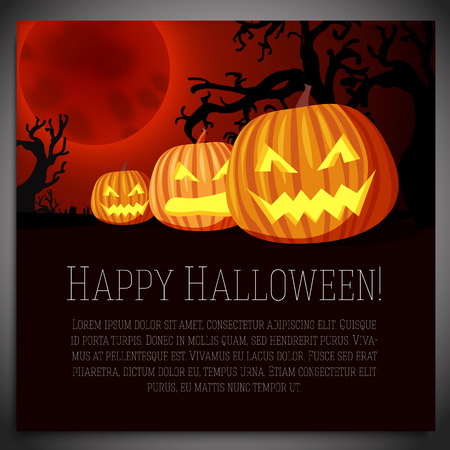 Big halloween banner with illustration of carved pumpkins on the red moony background and scary tree branches. Vector illustrationのイラスト素材